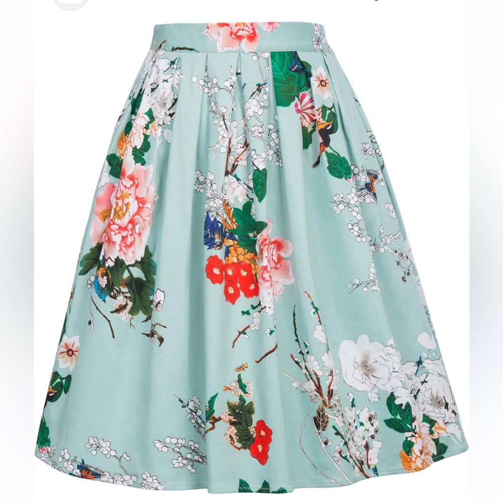 Seafoam 100% Cotton Floral Skirt with Pockets